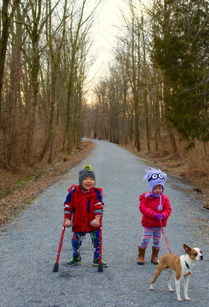 kids and dog on trail