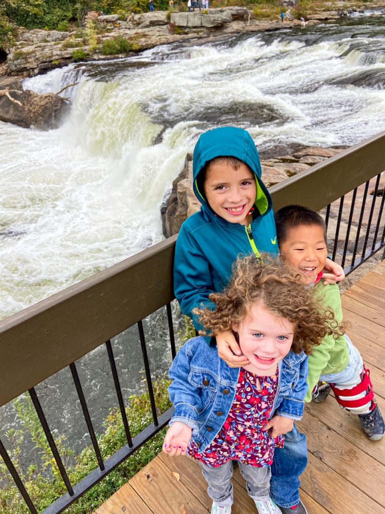 children standing on waterfall overlook
