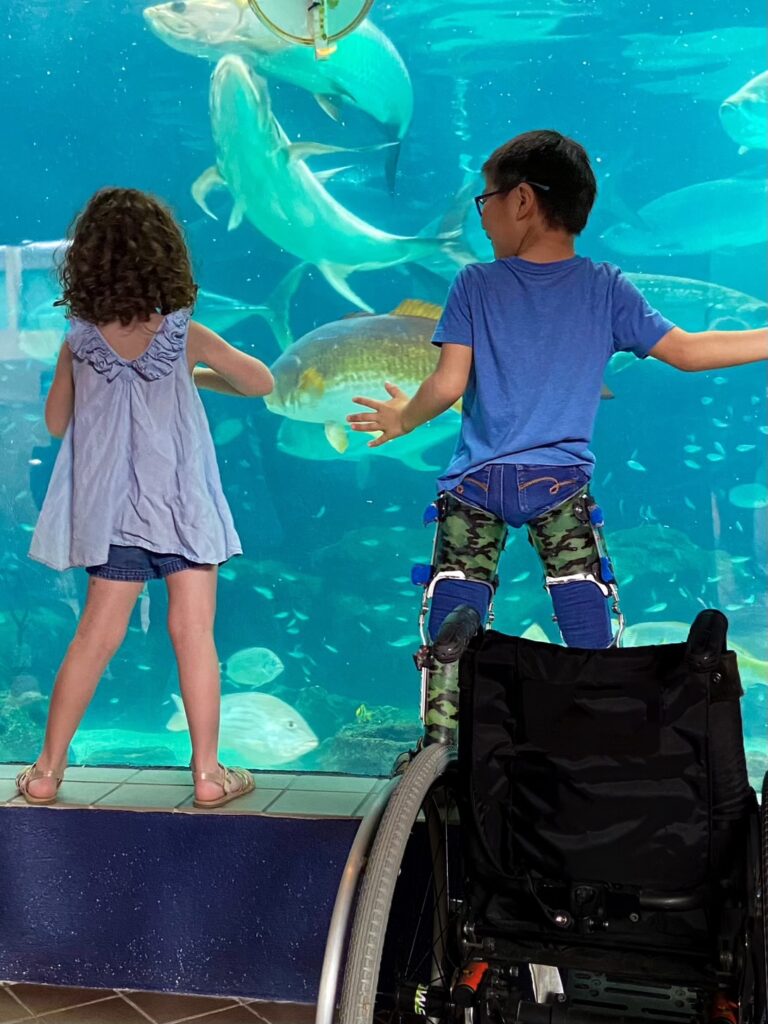 children watching shark feeding