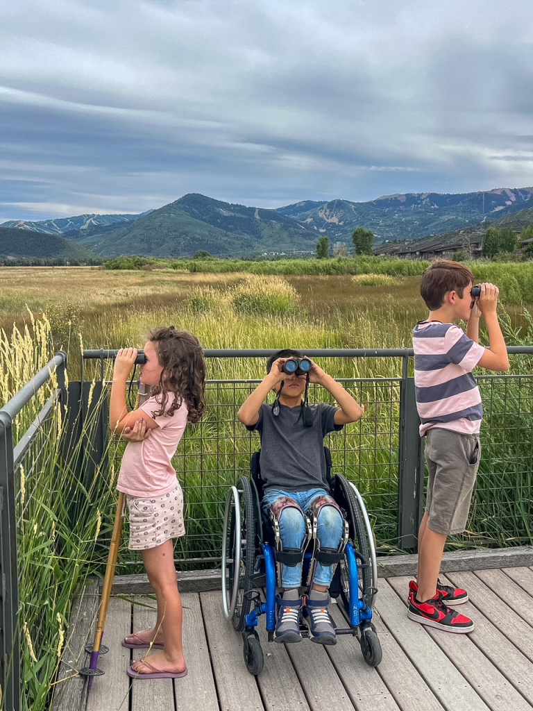 Three children look through binoculars. The boy in the center, in a wheelchair, is looking towards the camera. His brother and sister are looking off to opposite sides. the wetlands are behind them, and the mountains are in the distance.