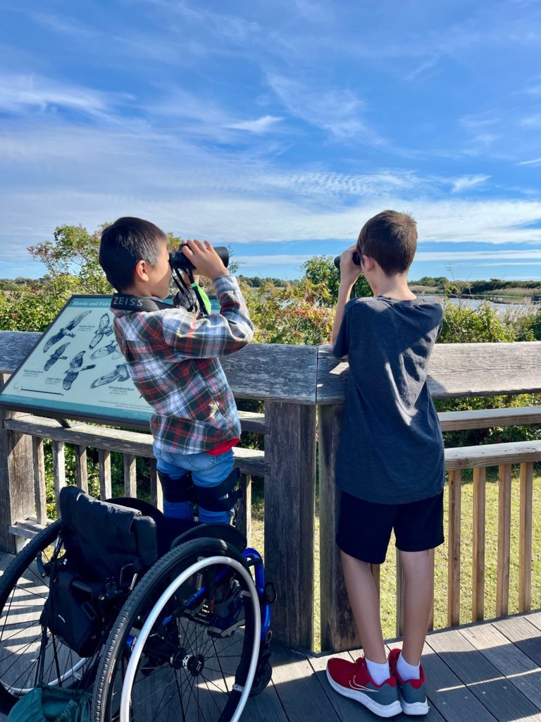 two boys, one in a wheelchair and one standing, look out over a wooden fence to the bay in the horizon